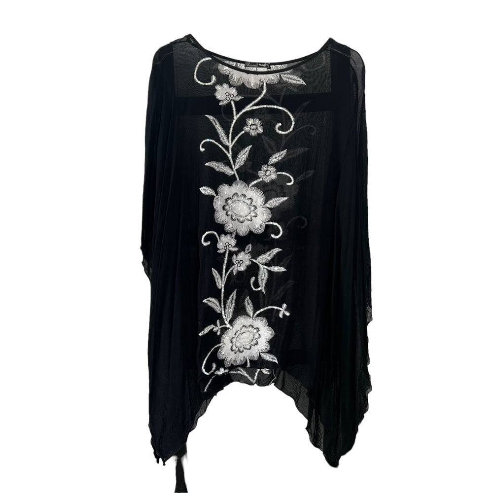 Reuma Black White Floral Semi Shear Sequins Swim Cover Large/XL